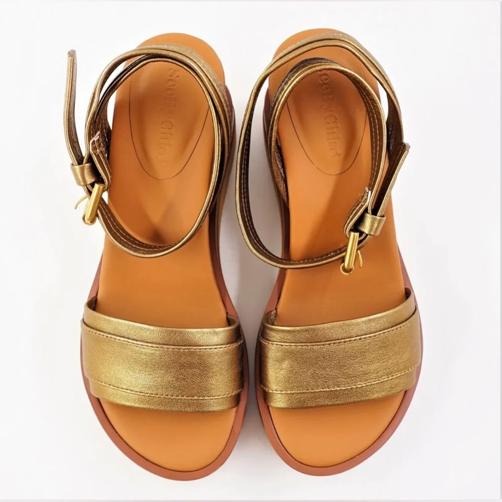NIB See By Chloe Goat MD Sand Robin Gold Leather Platform Wedge Sandals 6 US - Picture 3 of 16